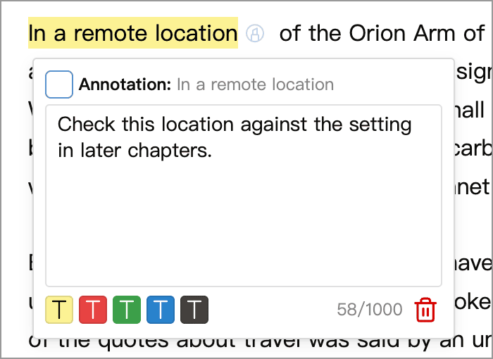 Annotation note, colors, completion checkbox, and delete button