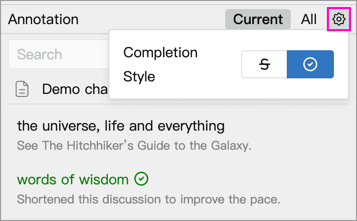 Completion style setting and a completed annotation