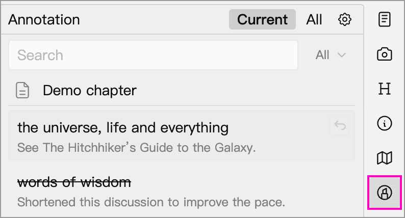 Annotation panel and jump button