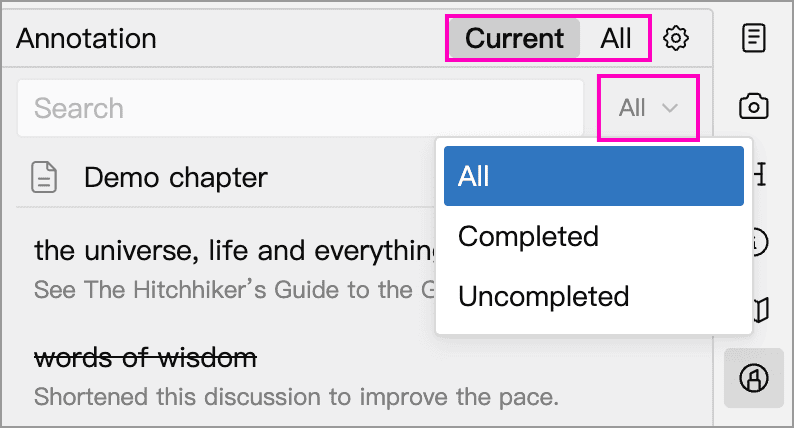 Annotation scope and completion status filter