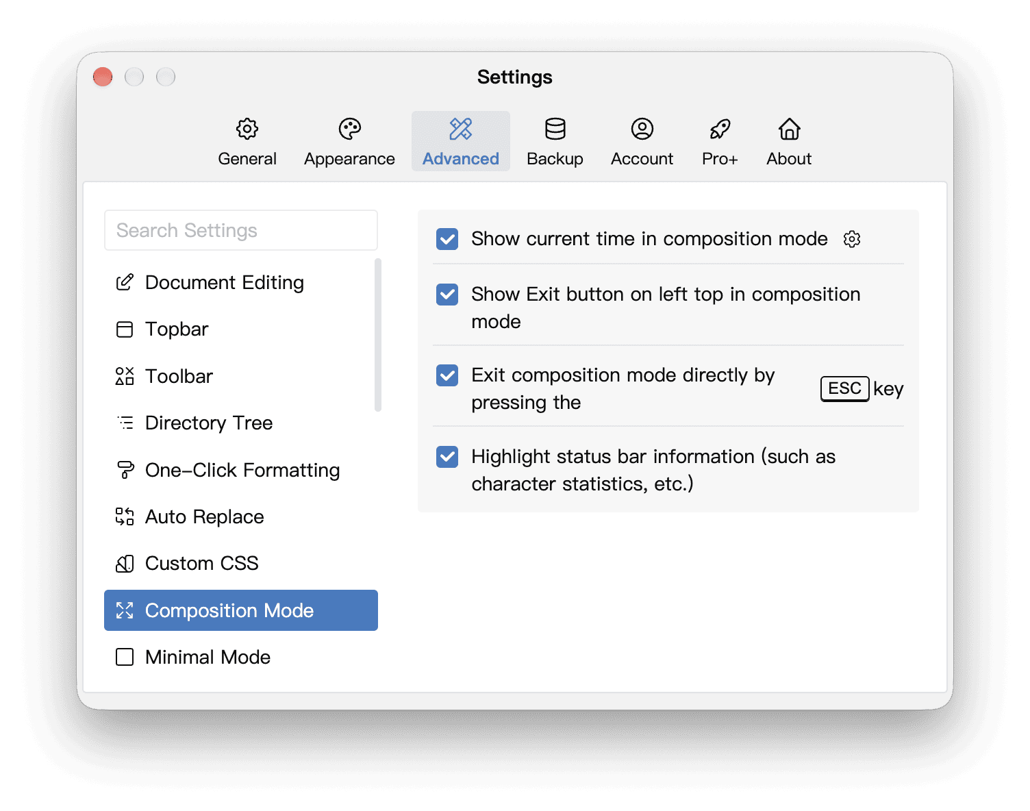 Composition Mode options in Advanced settings