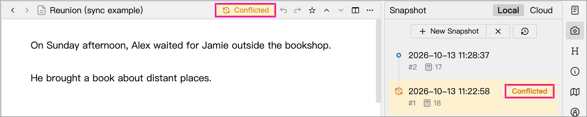 Conflict markers in the editor and local snapshot list