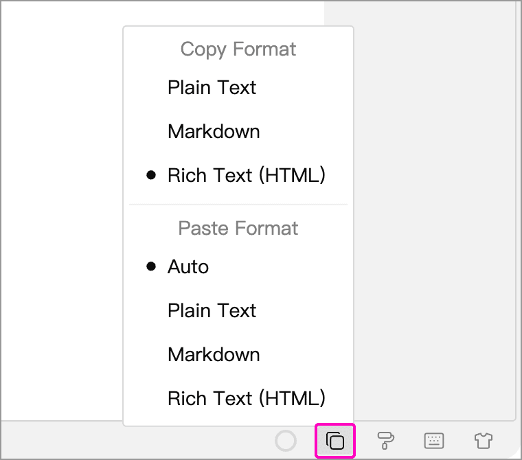 Copy and paste format menu on the status bar
