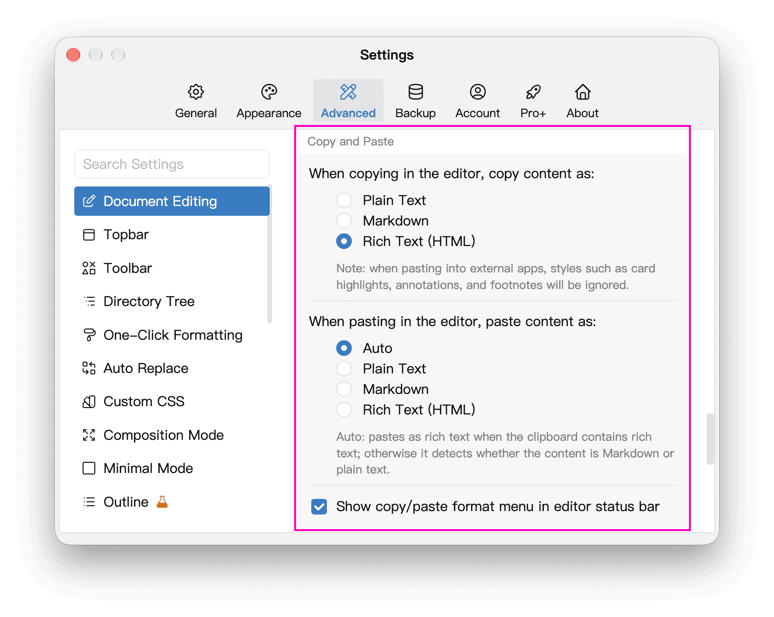 Copy and paste options in Advanced settings