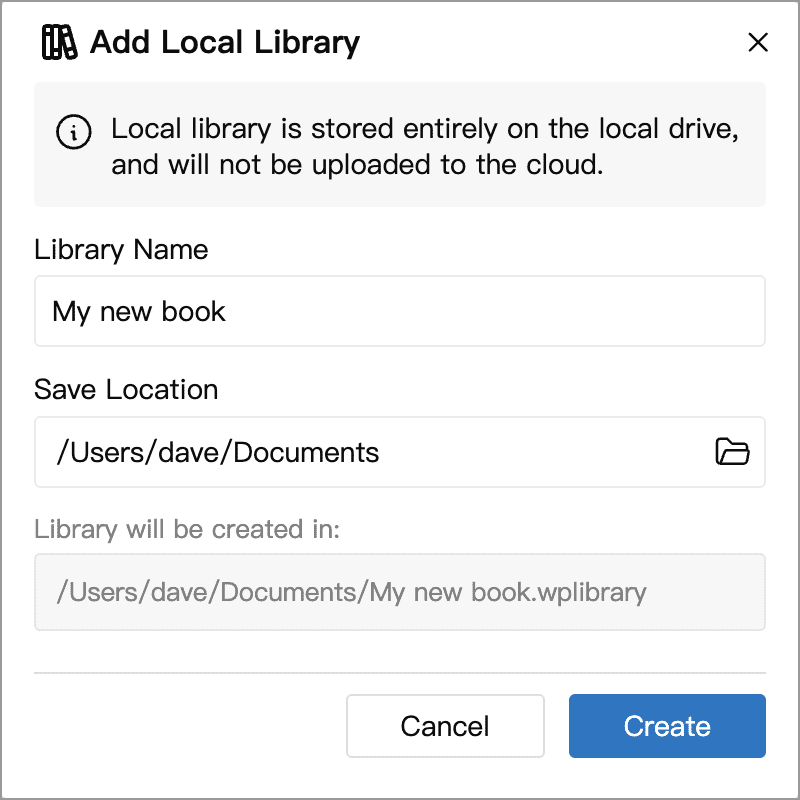Name and save location for a new Local Library