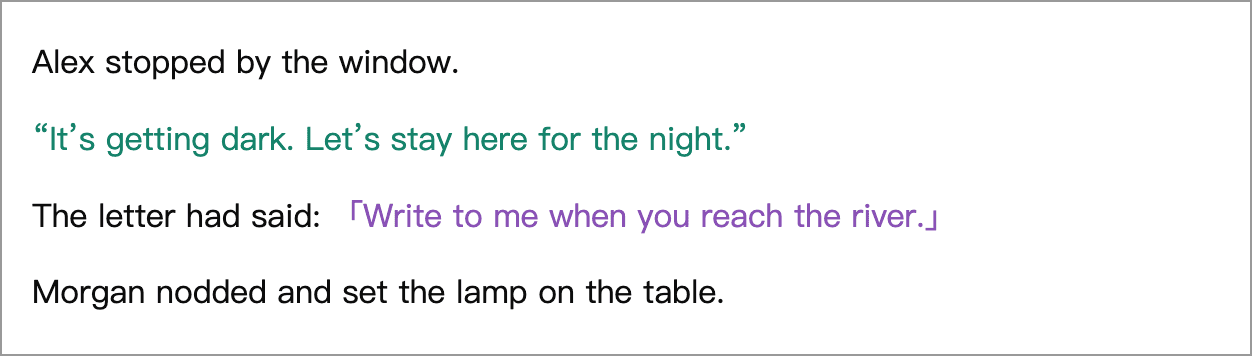 Spoken dialogue in green and a quotation from a letter in purple