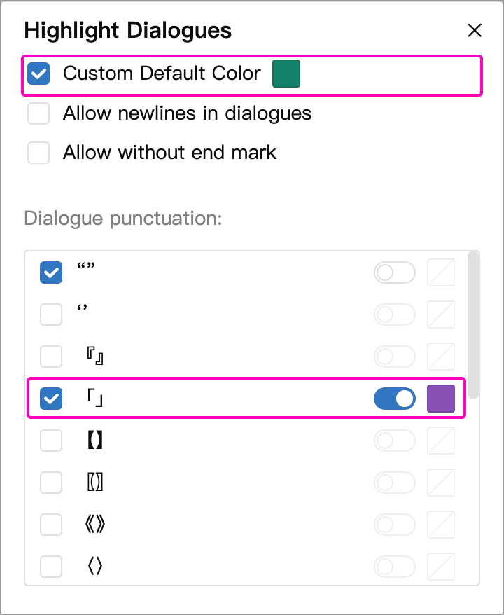A green default color with purple assigned to corner quotation marks
