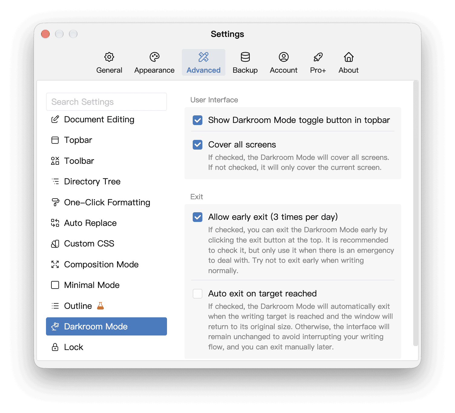Darkroom Mode interface and exit options in Advanced settings