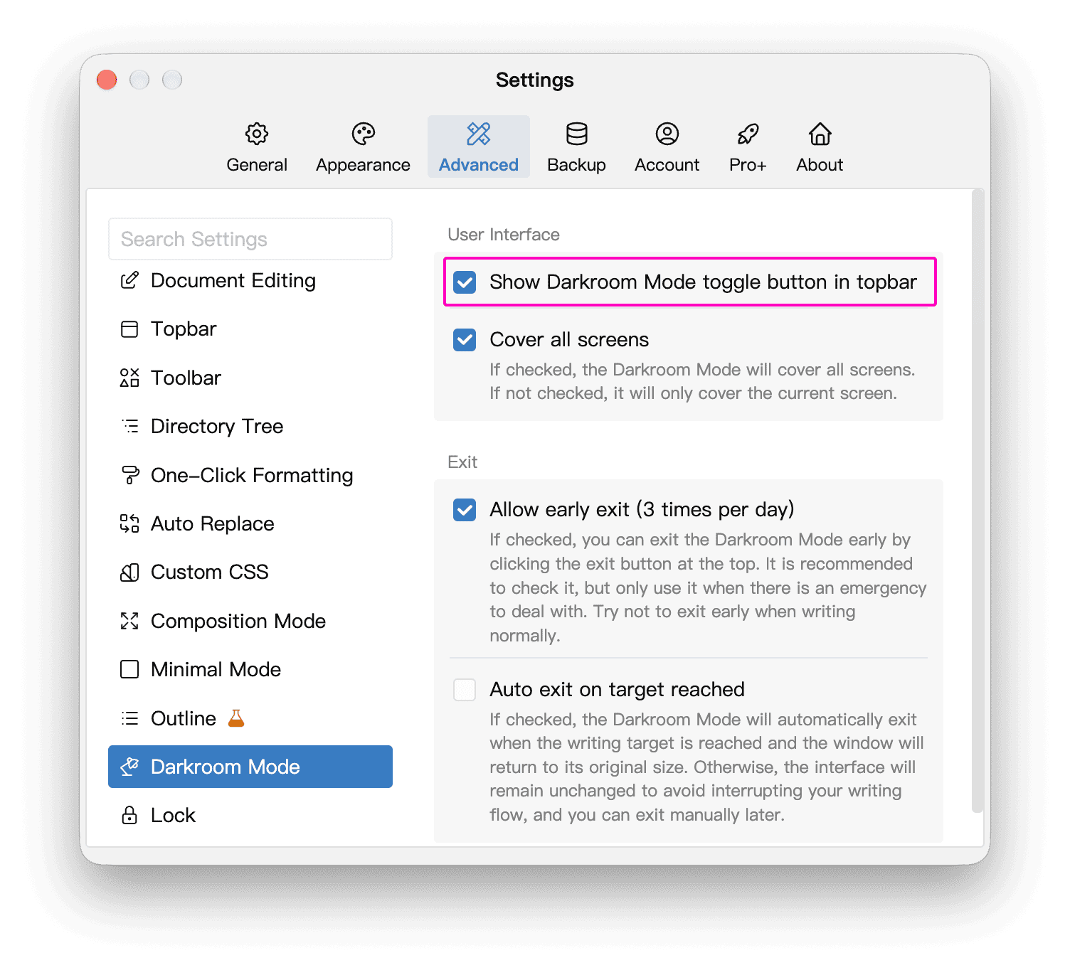 Darkroom Mode settings with the topbar button option highlighted