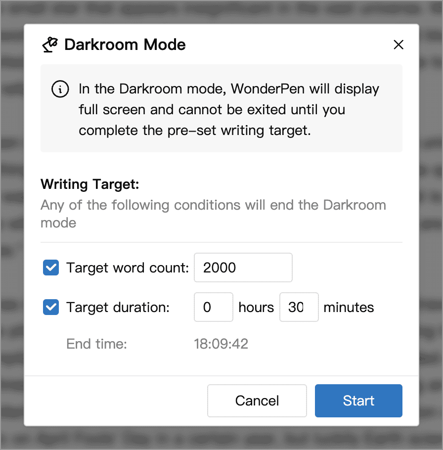 Darkroom Mode target settings with a word-count target of 2000 and a duration of 30 minutes