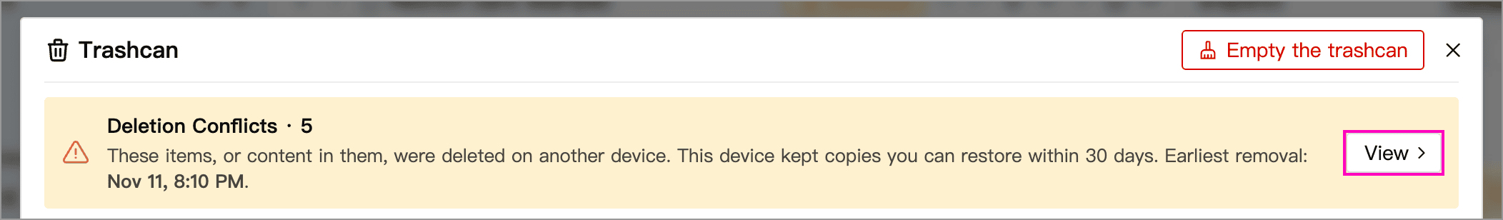 Deletion Conflicts entry in the Trashcan