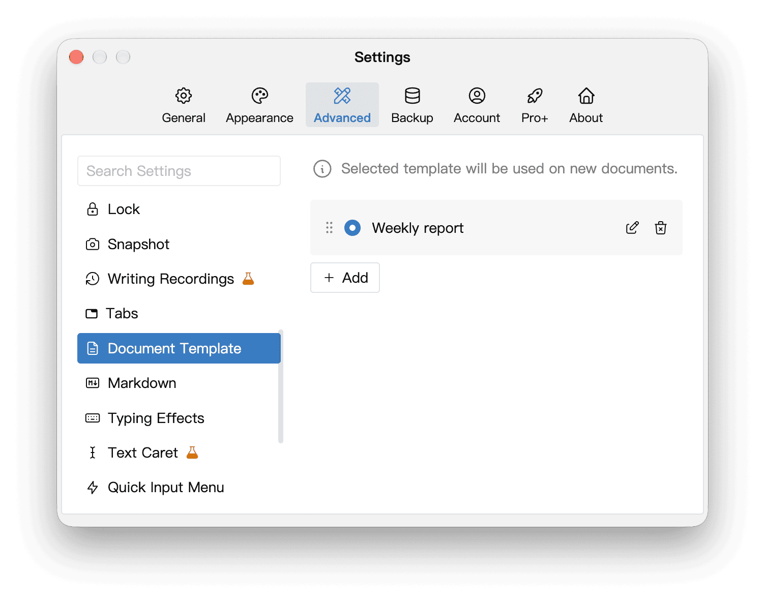 Weekly report selected as the default template