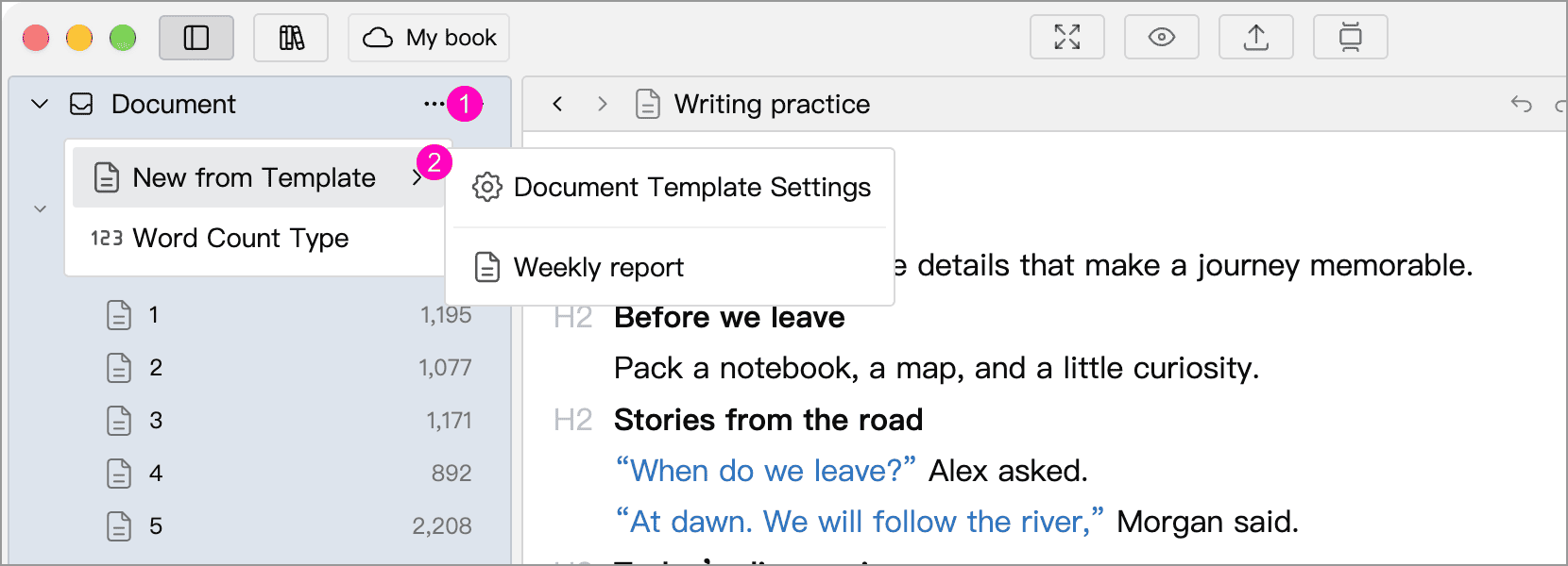 Open the Document panel’s more menu and choose New from Template