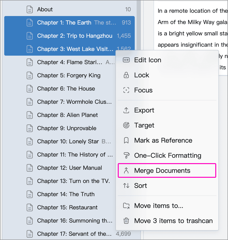Merge Documents in the context menu for selected chapters