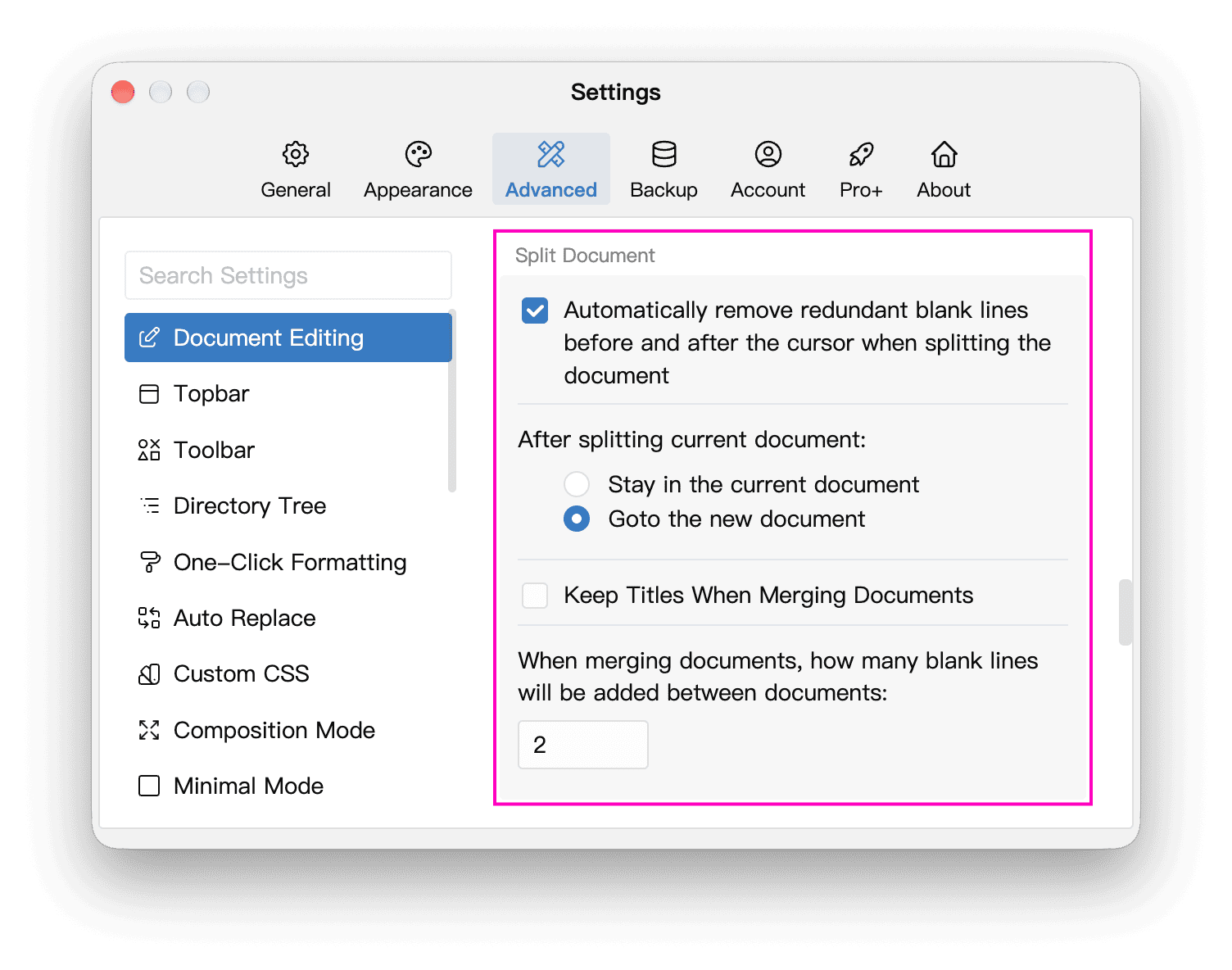 Splitting and merging options in Document Editing settings