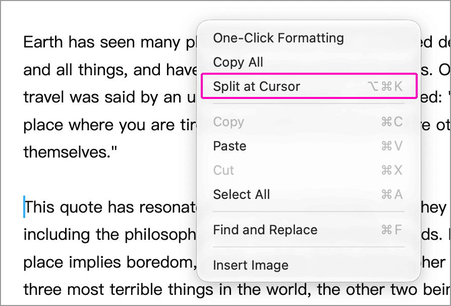 Split at Cursor in the editor context menu