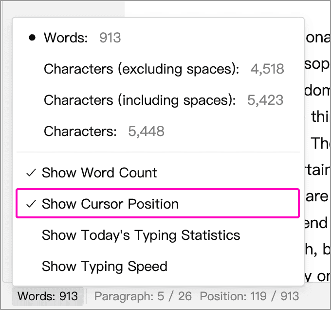 Enable Show Cursor Position in the word count popup