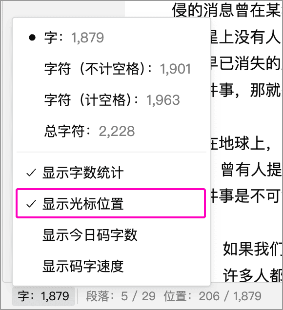 在字数统计面板中开启显示光标位置