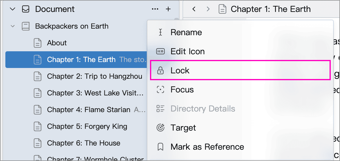 Lock in the document tree's right-click menu