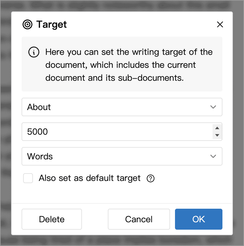 Set a writing target for an individual document