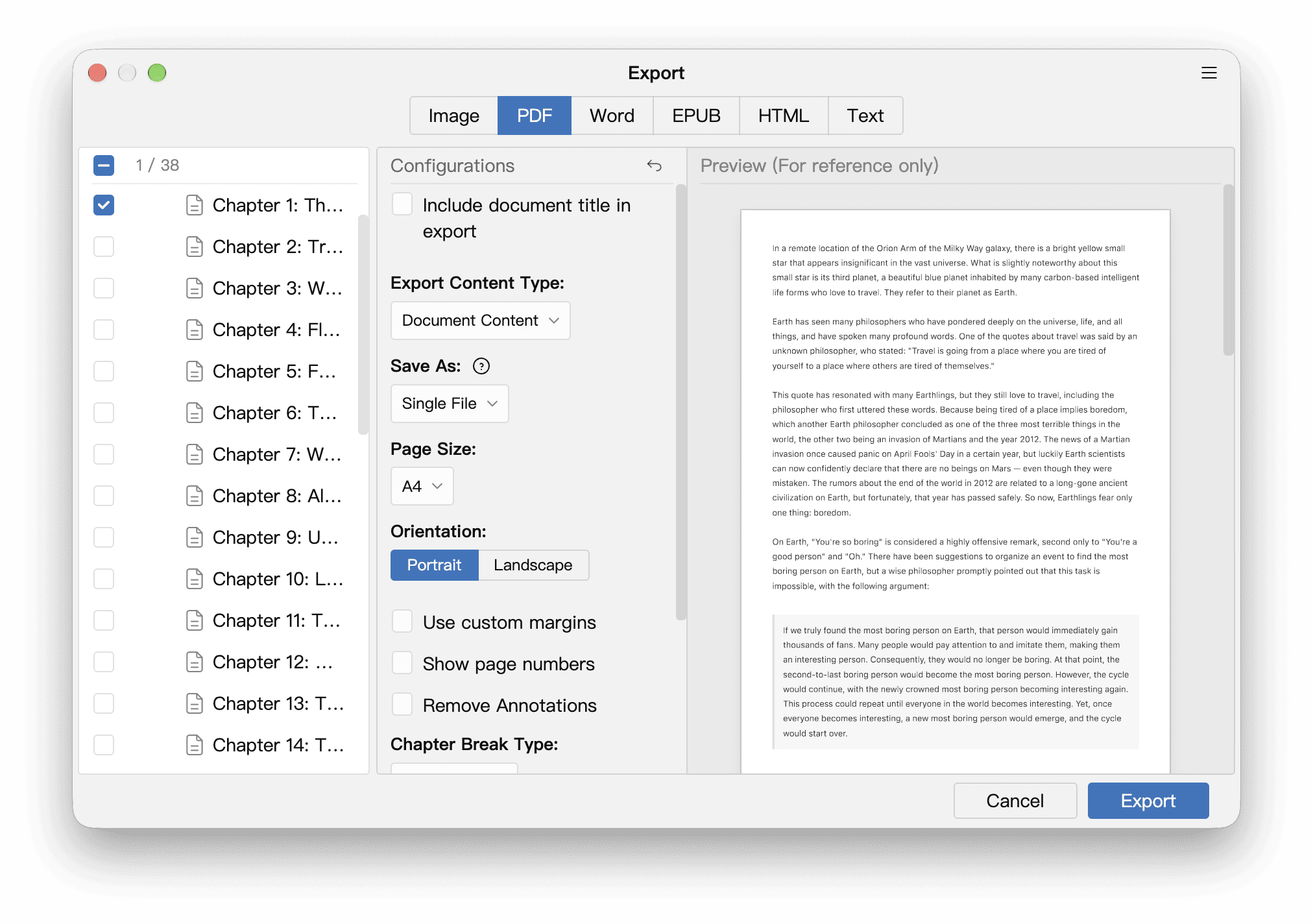 Document selection, settings and preview in the export window