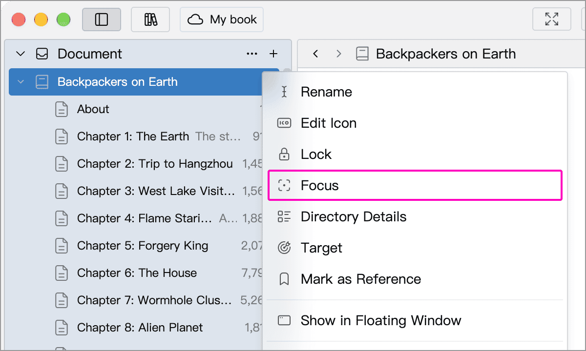 Focus highlighted in the context menu