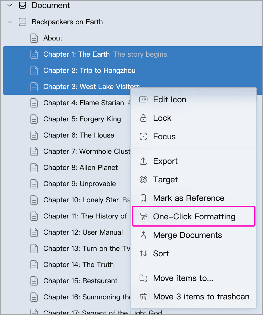 Three selected documents ready for batch formatting through the context menu
