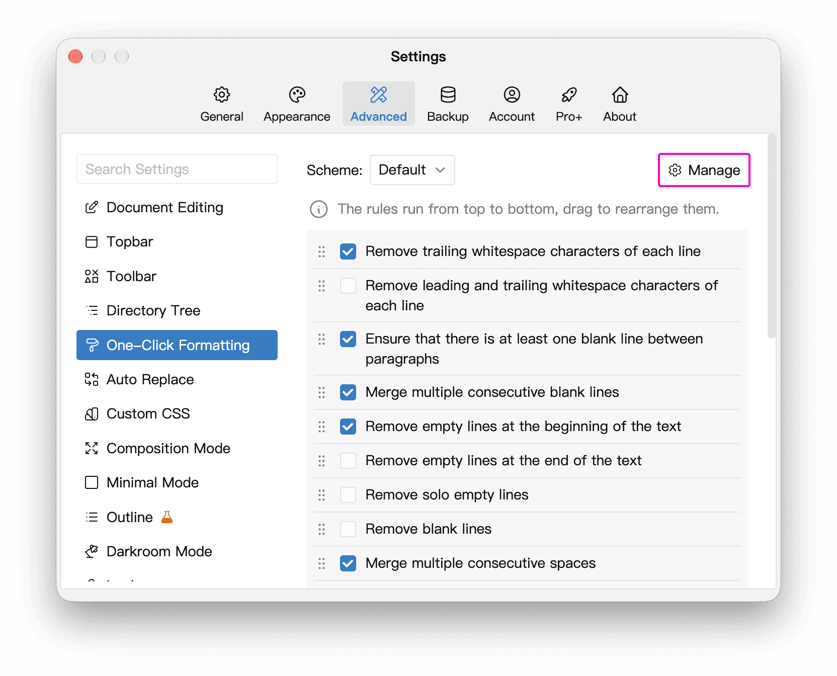 Manage button in the One-Click Formatting settings