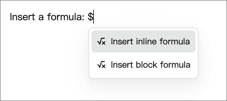 The formula menu after typing $