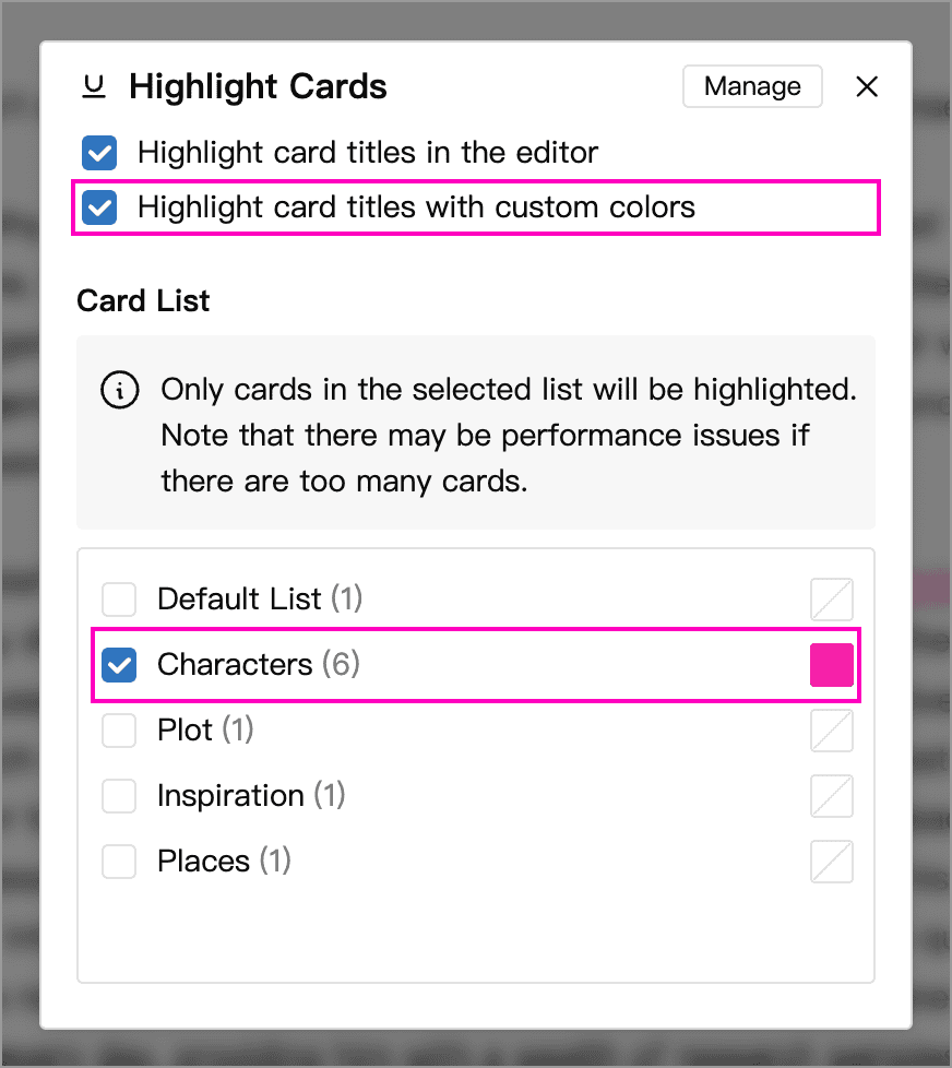 Enable custom colors and set the Characters list’s highlight color