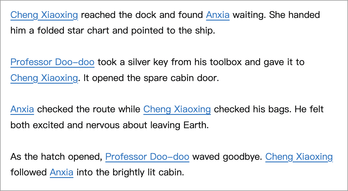 Multiple character names highlighted throughout the editor text