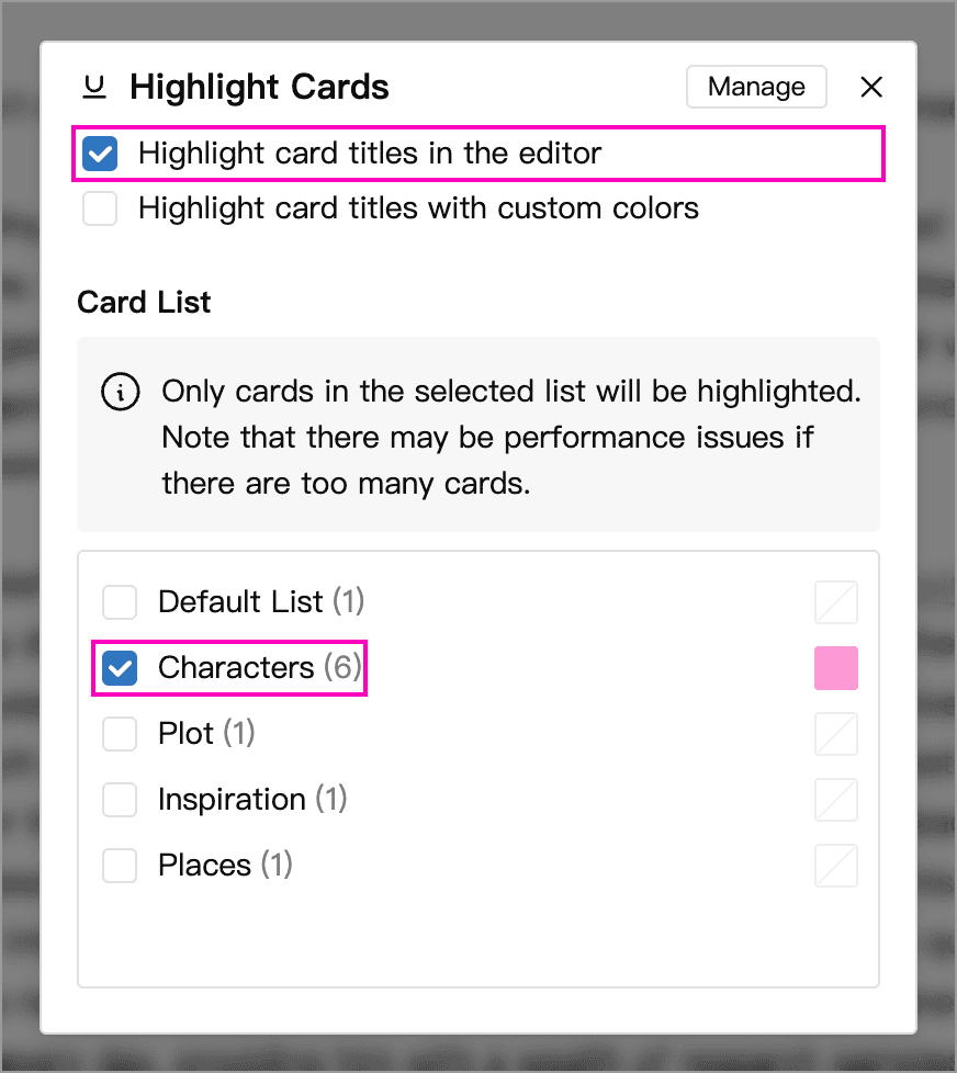 Enable highlighting and select card lists