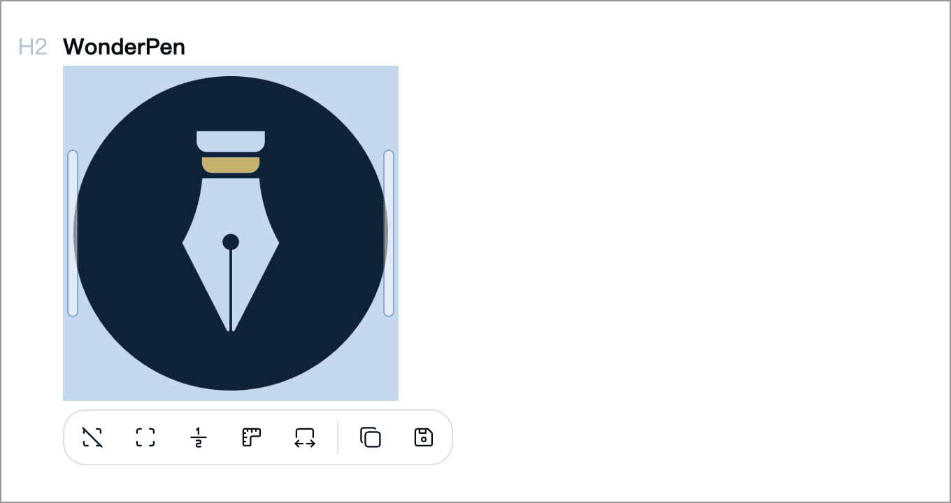 Image size and actions toolbar