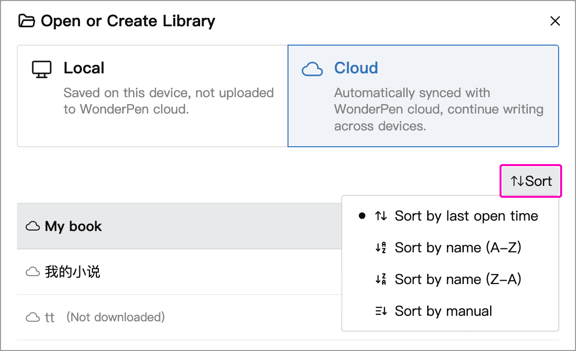 Cloud Library list and sort menu