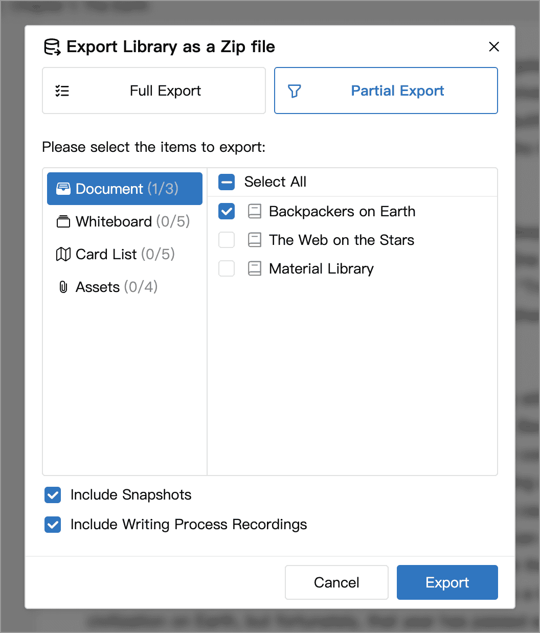 Content selection and history options for a partial export