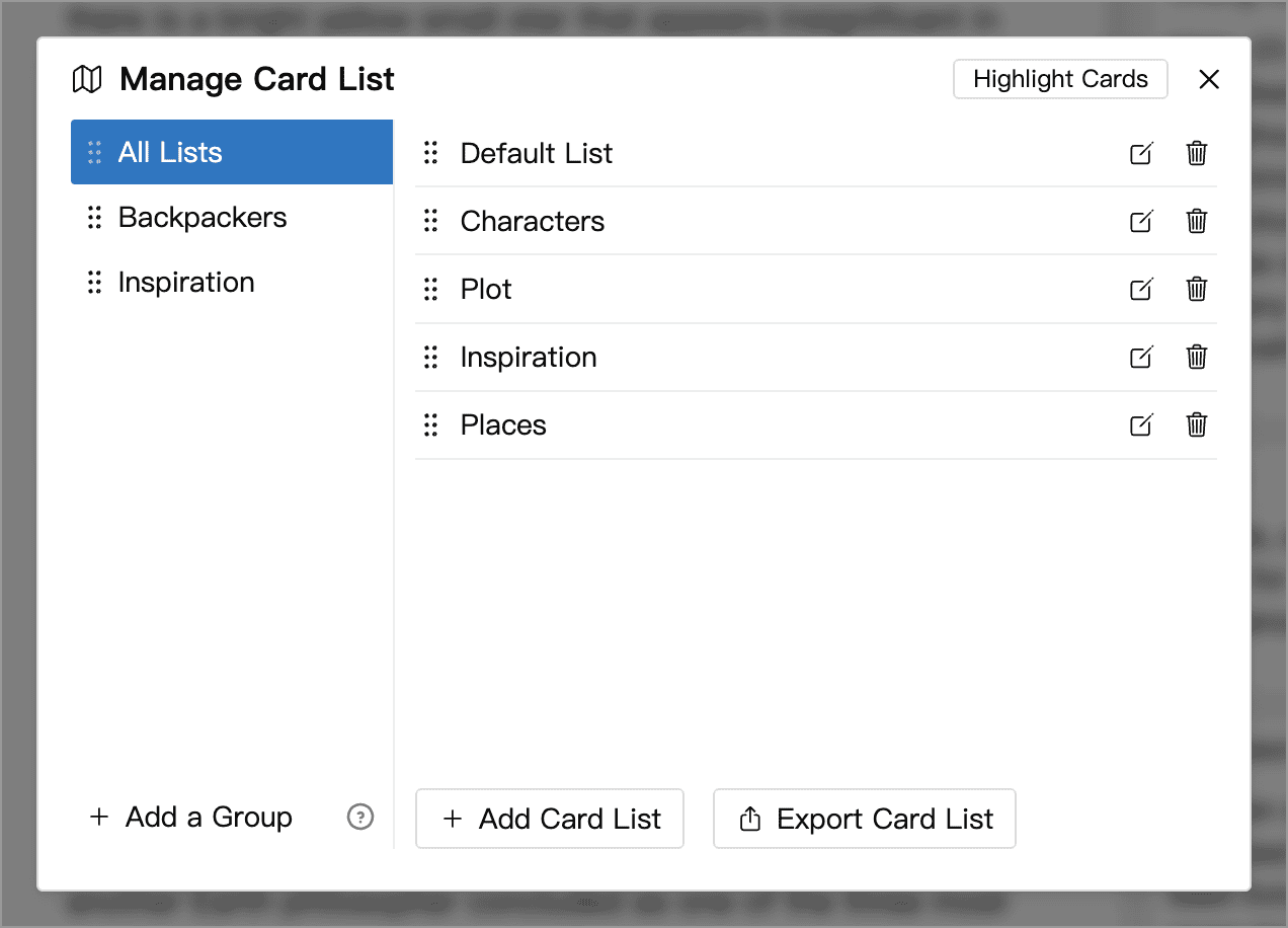 Card list management window