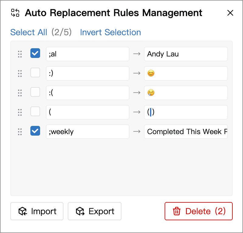 Two rules selected in the management window, with Import, Export and Delete buttons below