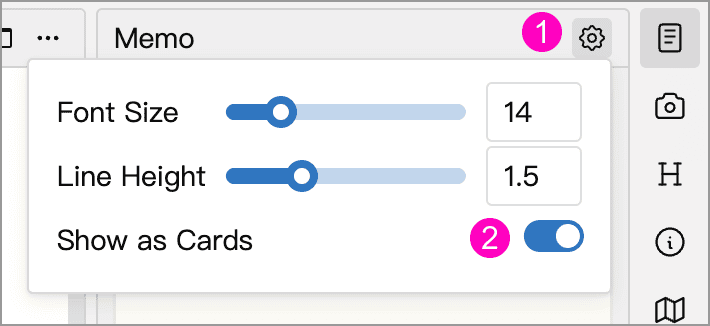 Memo font size, line height, and card view settings