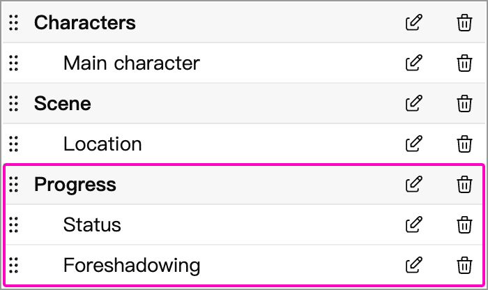 Group headers and their fields in the field settings list