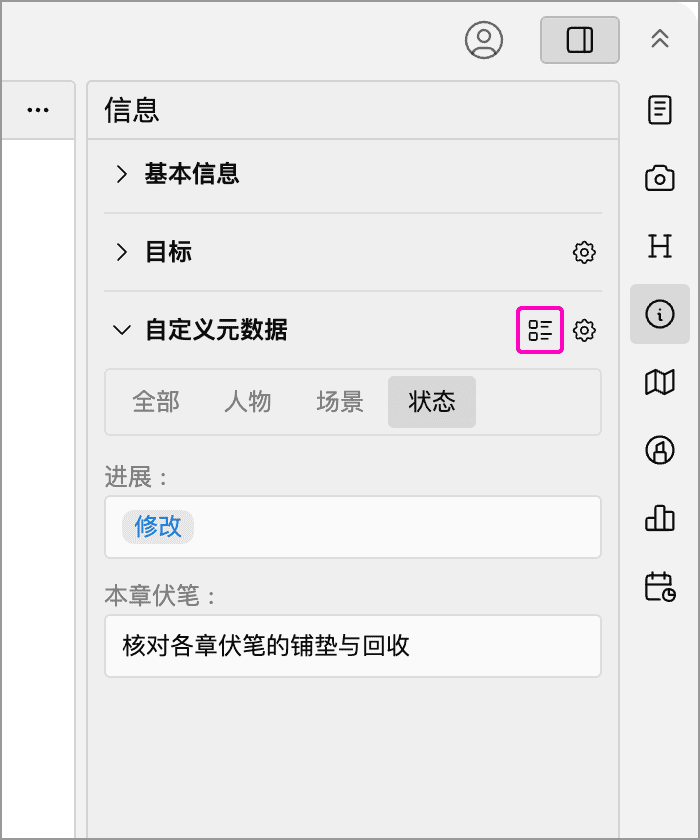 信息面板中的自定义视图字段按钮