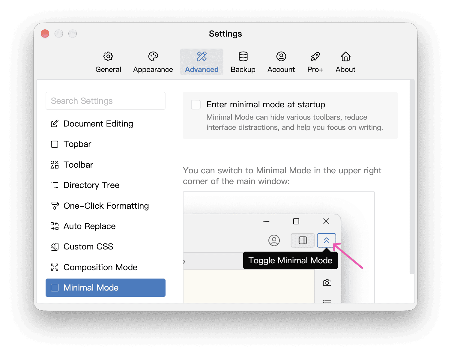 Minimal Mode option in Advanced settings