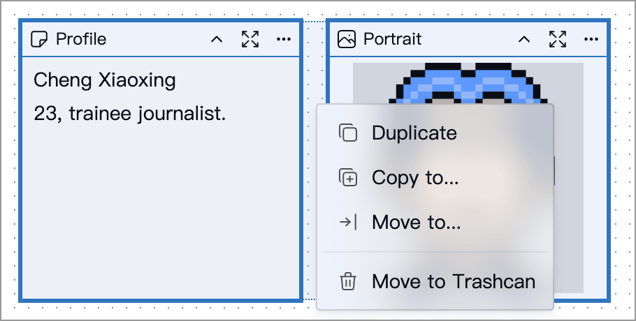 Copy and move menu for selected cards