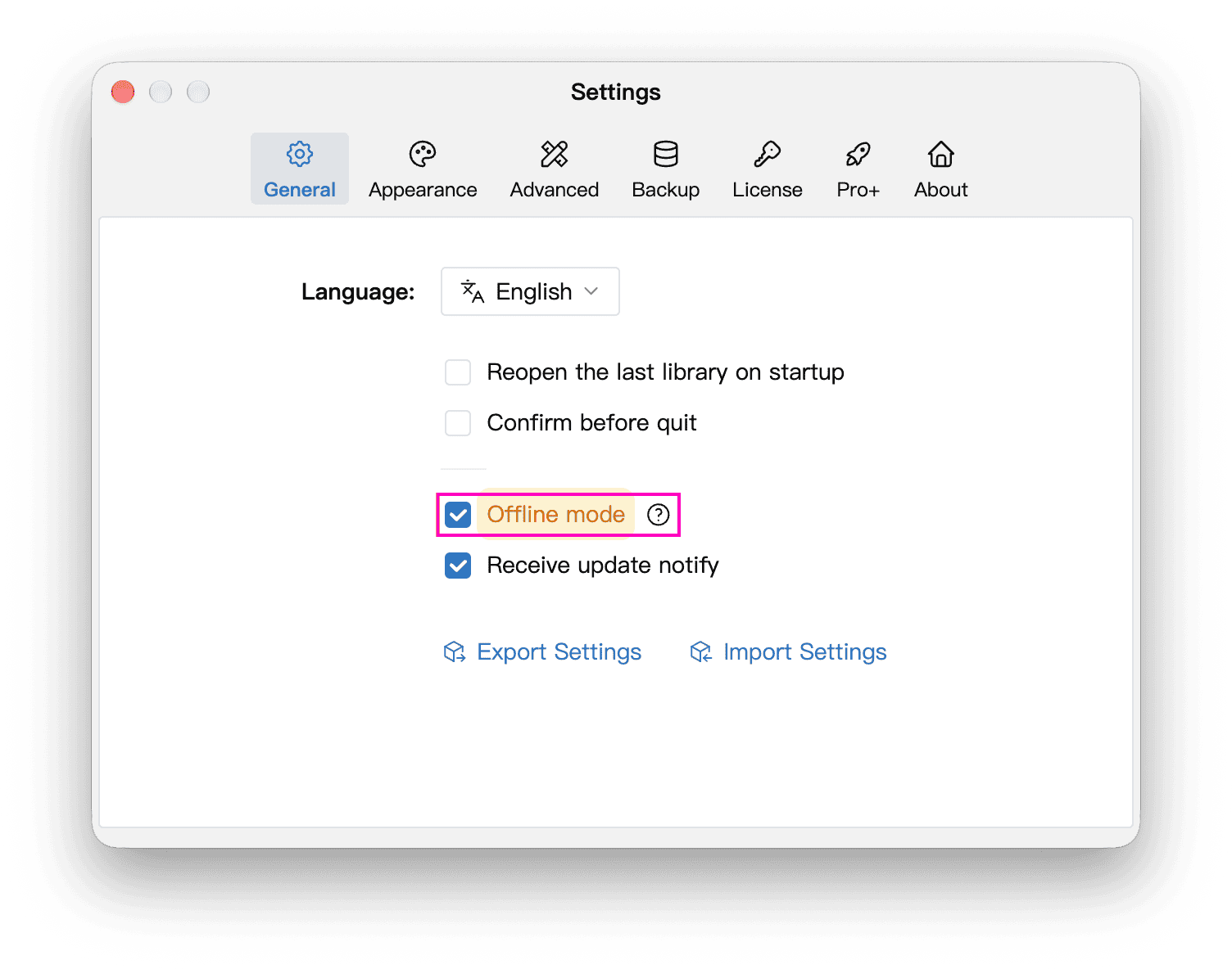 Offline mode checkbox in General settings