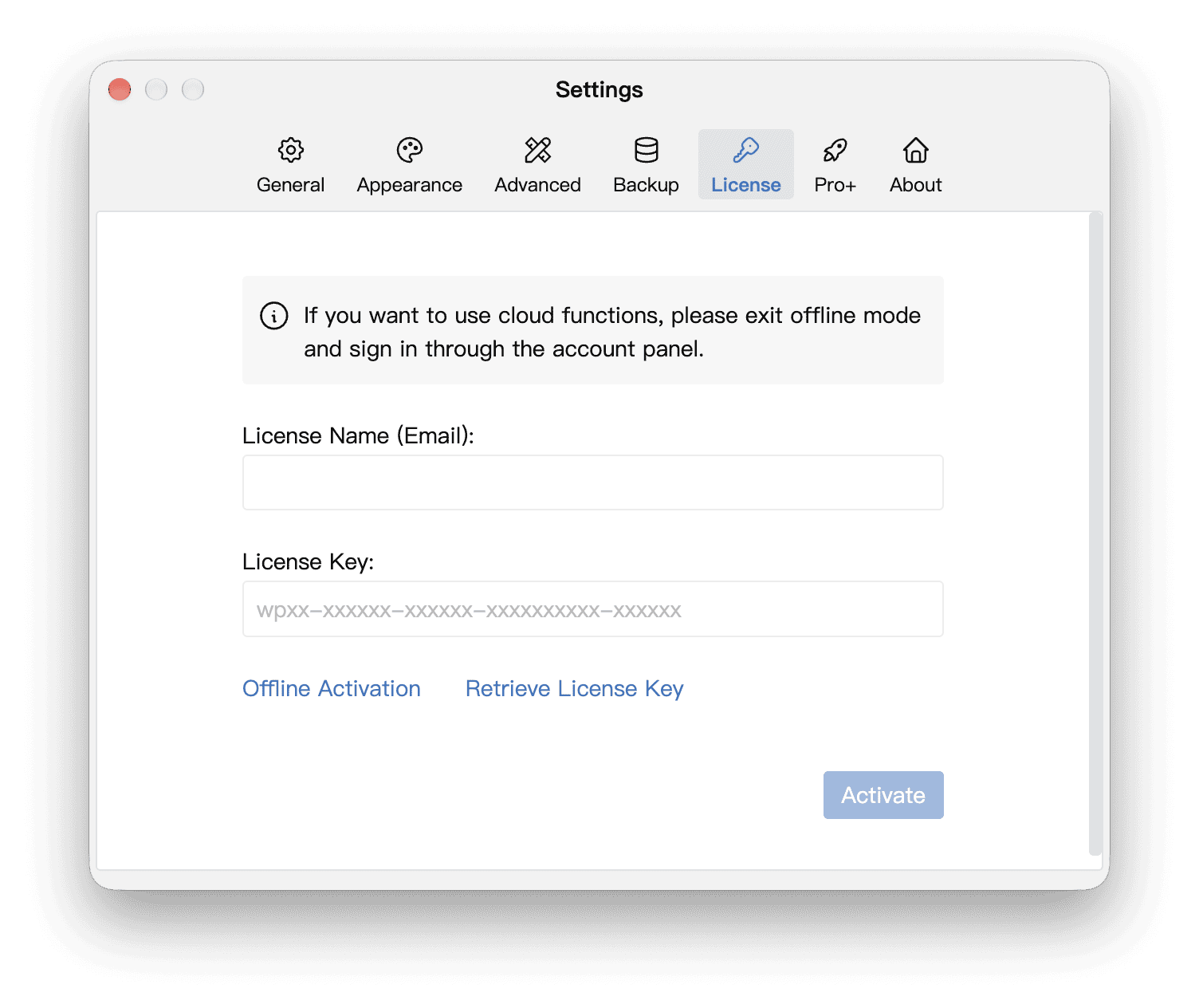 Email address, License Key, and Activate button in the License panel