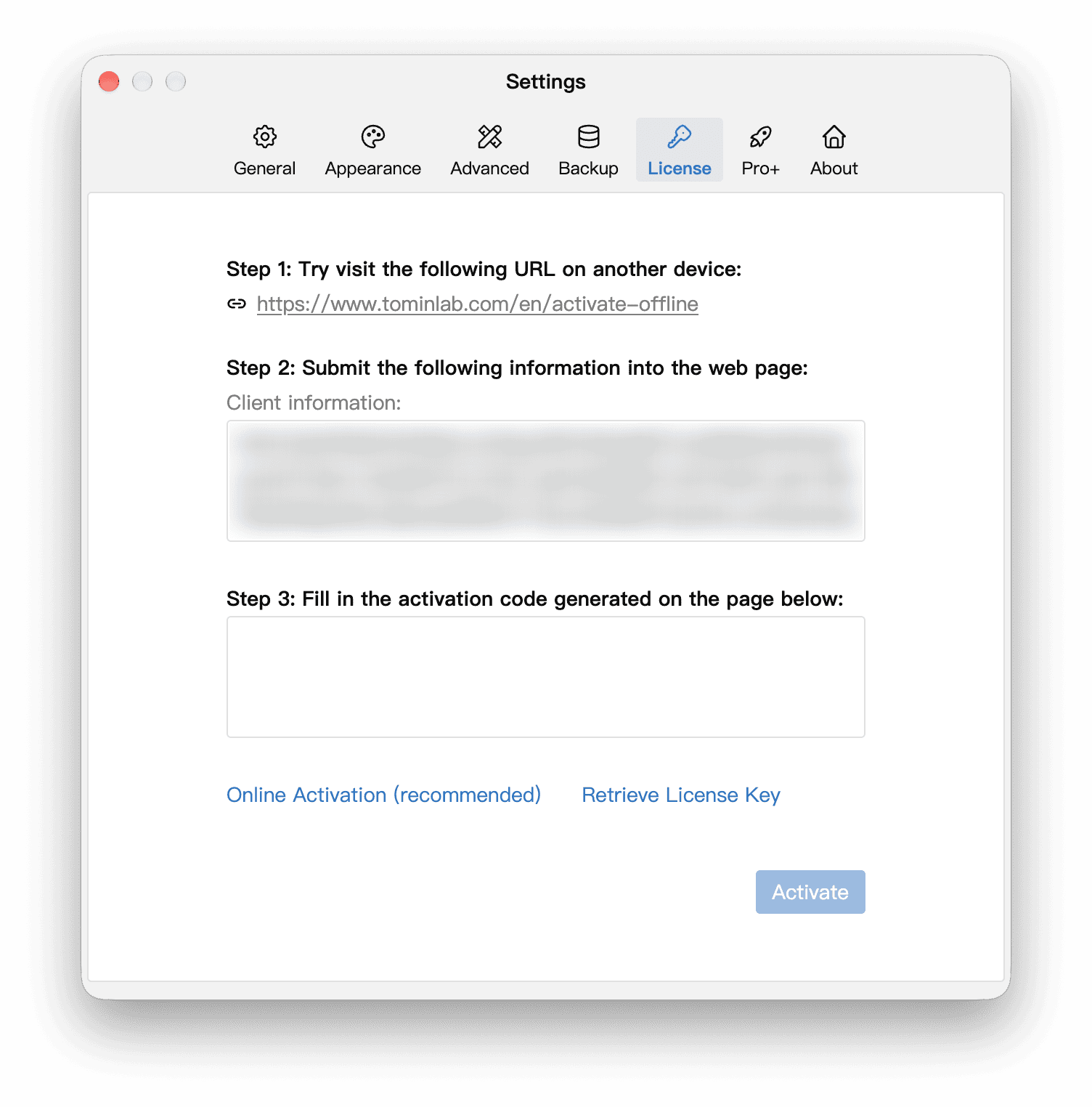 Web address, client information, and activation code field for offline activation