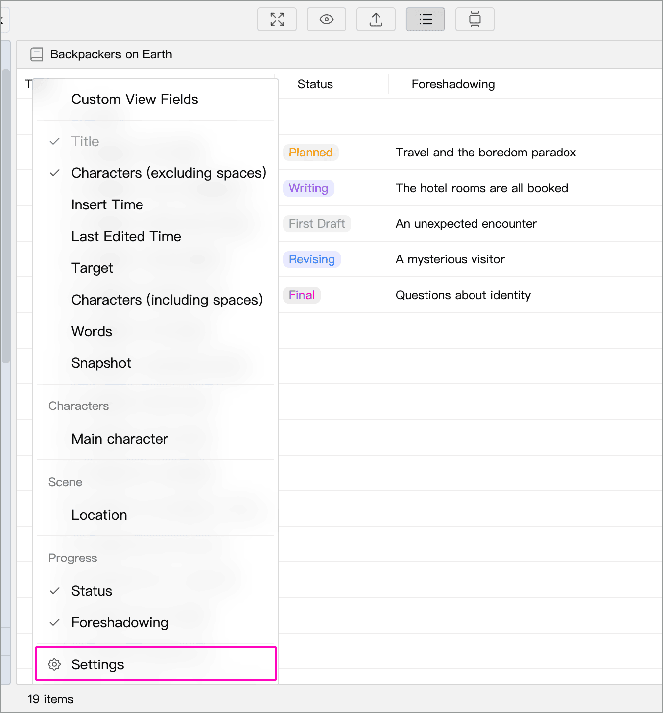 Settings at the bottom of the header menu