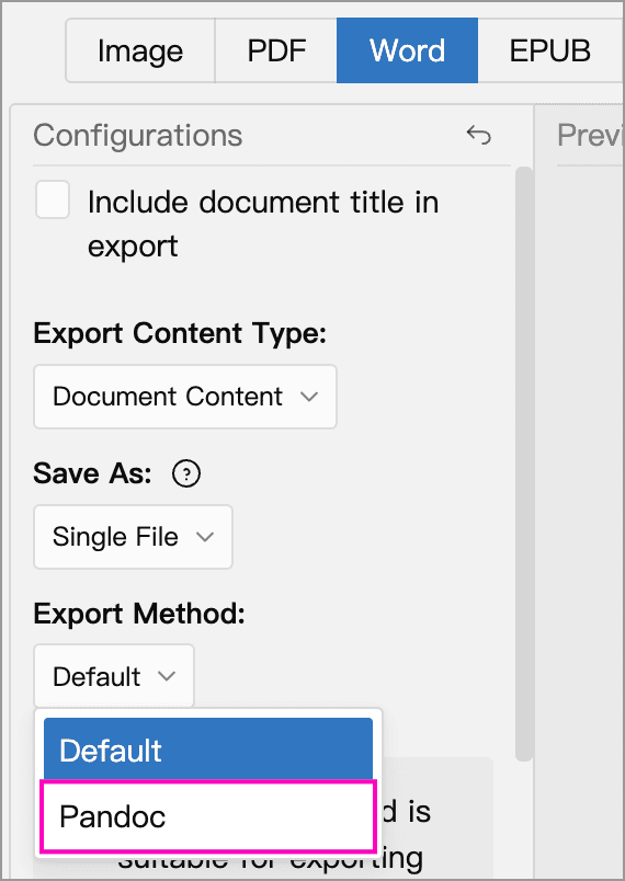 Choose Pandoc as the export method