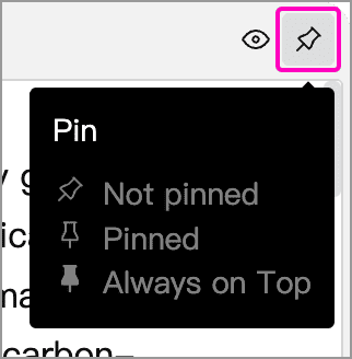 The pin button in the upper-right corner of a floating window and its three-state tooltip
