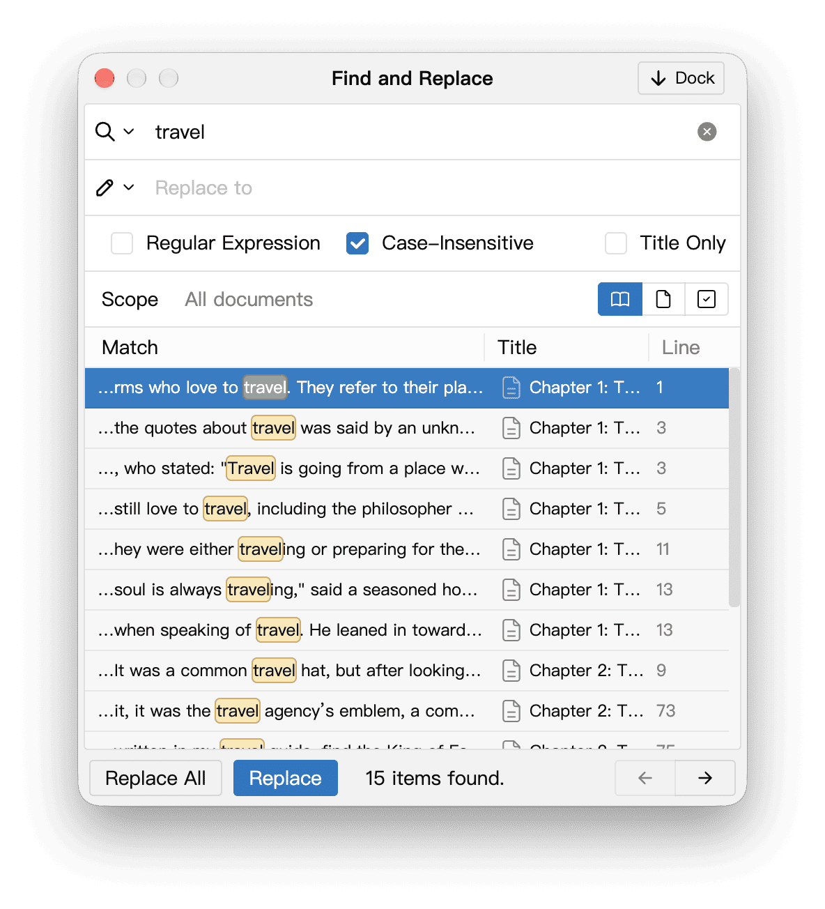 Documents and matches in pop-out search
