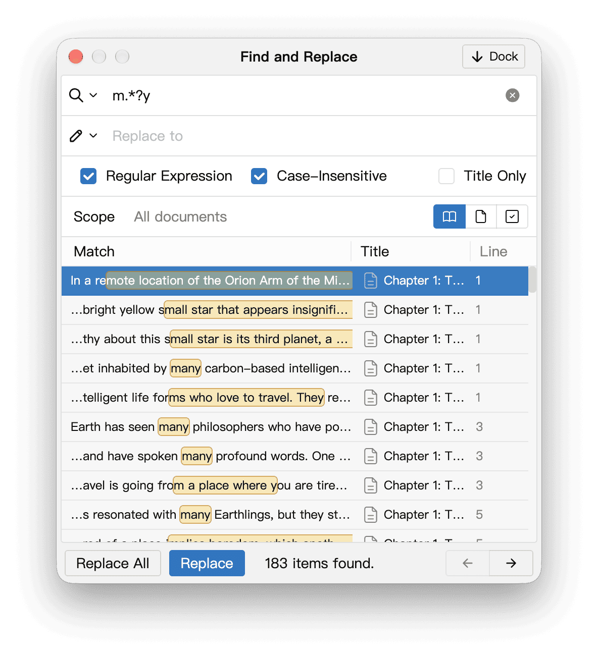 Matches for a regular expression